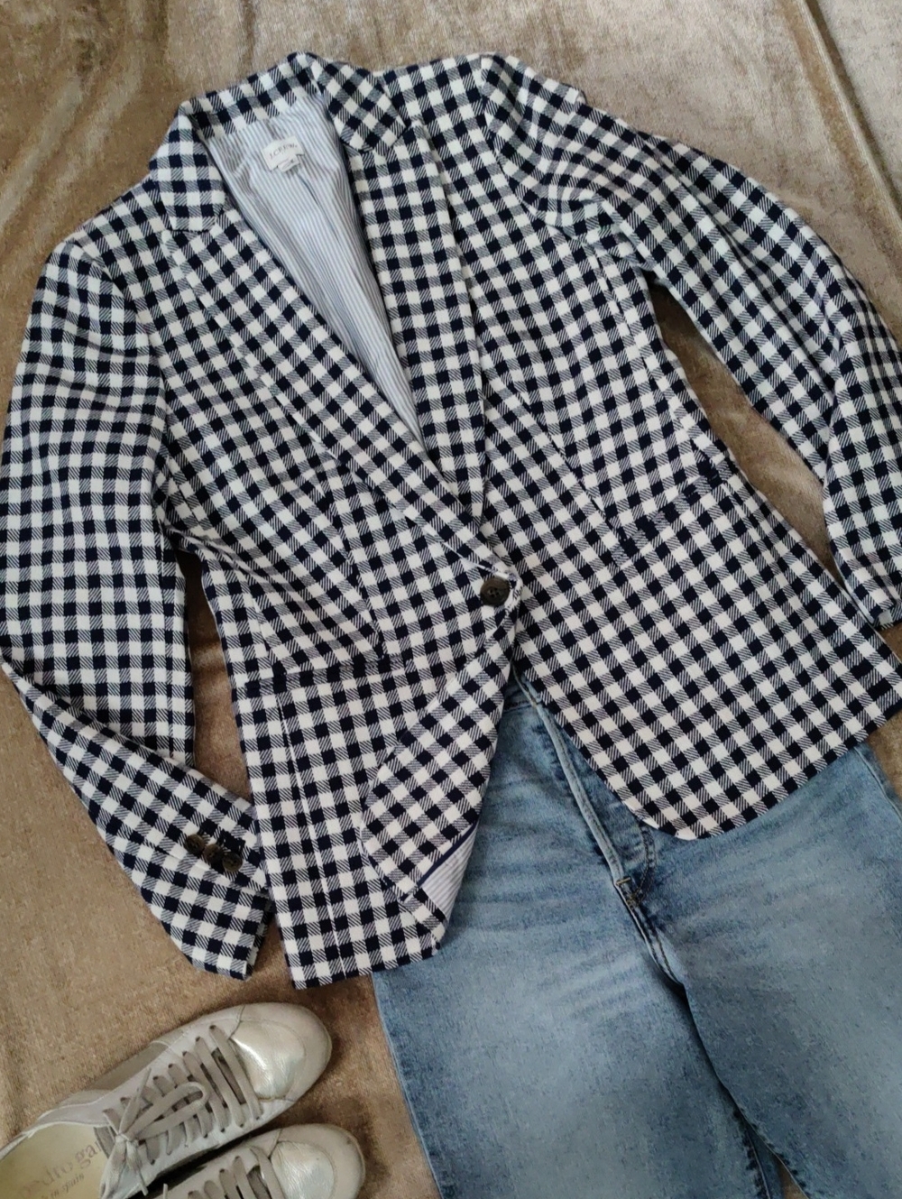 NWOT J. Crew Factory Navy Blue White Gingham One Button Blazer, Size 4